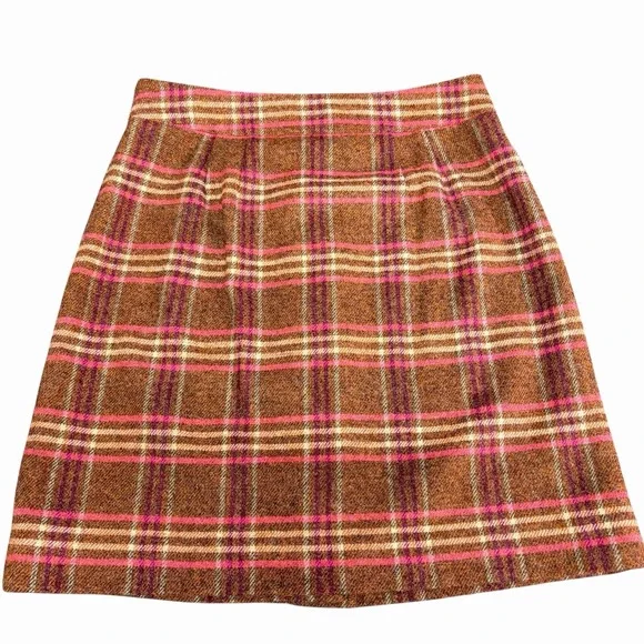 TALBOTS Plaid Button-Front Skirt Womens Sz 8 Brown Pink Wool Blend Western Retro - Picture 2 of 7